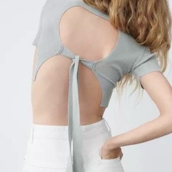 Zara Ribbed Short Sleeve Open Back Top Gray Size Large - Picture 2 of 5